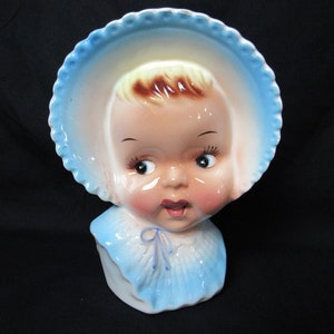 Artmark Baby in Blue Bonnet Head Vase 5.75&quot; Hand Painted Planter with Original Japan Foil Label