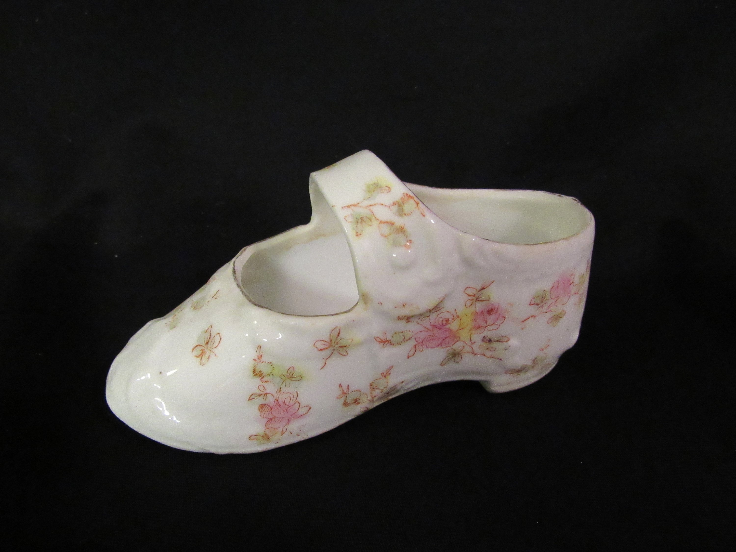 Vintage Small 4.5" Porcelain Baby Child Shoe, White with Pink Roses Planter Figurine