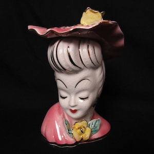 Lefton 5” Lady Head Vase PY641, Japan Pink Dress and Hat with Gold Trim - Crazing