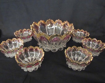 U.S. Glass Company #15082 Columbia, Church Windows with Maiden’s Blush Master Berry and 6 Small Berry Bowls 1903