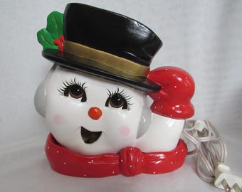 Ceramic 2 piece Lighted Snowman Head Tipping His Hat, Rare Hand Painted Christmas 8&quot; Figurine