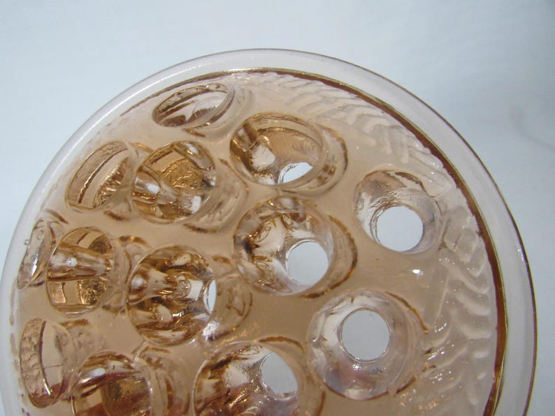 May include: A close-up of a clear, peach-colored flower frog with multiple holes. The flower frog has a circular shape with a textured rim. The holes are of varying sizes and shapes, designed to hold flower stems.