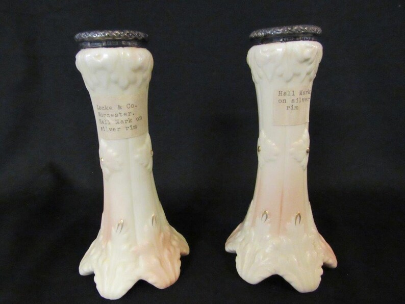 Pair of Locke /& Co Worcester Bud Vases Blush Ivory Pair 6 38 Porcelain Vases 1895-1900 Silver Rims Marked