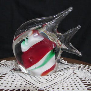 Hand Blown Art Glass 6&quot; Angel Fish Figurine Paperweight - Clear, Red, White and Green