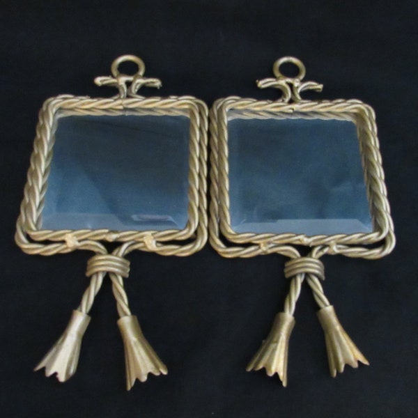 Pair Twisted Rope Framed 4" Square Beveled Mirrors - Vintage Homco Gold Painted Wall Decor