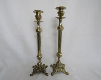 Pair of Shabby Chic Mid Century Staggered Heights Brass Candlesticks 13.75"and 14.25"