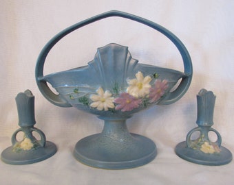 Roseville Art Pottery Blue Cosmos 12” Handled Basket 358-12 and Candle Holders 1137-4 1/2 Console Set 1939