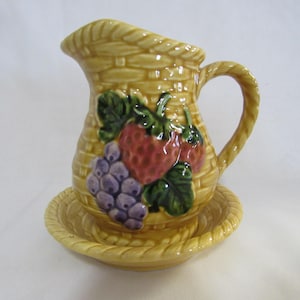 Basketweave Ceramic 4.75&quot; Pitcher and Bowl Set with Strawberries and Grapes, Made in Japan