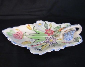 Blue Ridge Southern Potteries Summertime Pattern Leaf Shaped Handled Serving Tray, Relish, Celery