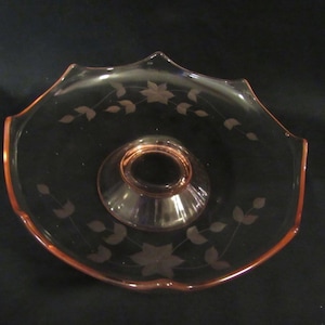 Pink Depression Glass 9 1/8&quot; Compote Centerpiece - Low Footed - Etched Flowers, 8 Points