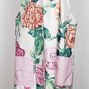 Apron for women - fully reversible - huge flowers, soft pink - made from a lovely vintage tablecloth - 2 aprons in one - no ties - easy fit