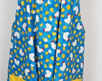 Apron for women - fully reversible - blue and yellow with chicks and eggs - 2 aprons in one - no ties - easy fit