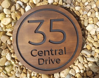 Personalised house number and street name timber sign for home | Circle design