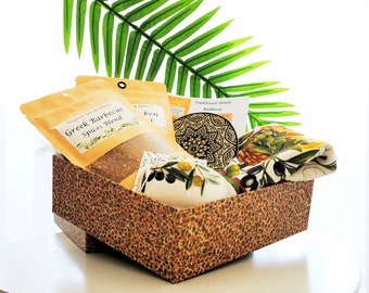 GREEK GIFT SET Spices Herbs Towel Bowl Goodies Gourmet Food Chef Cook Housewarming Mother Day Hostess Easter Gift Set Eco Friendly Organic