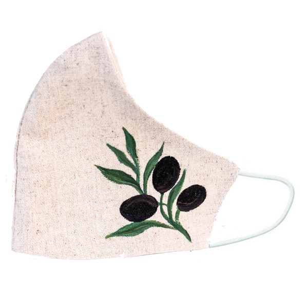 Linen Face Masks Natural Organic Olive Botanical Ergonomic 2 Layer Breathable Cloth Hand Painted Reusable Washable Masks Unisex Cyprus