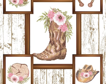 Western Floral Cross Stitch Pattern Bundle | Floral Cowboy Boots, Hat & Horseshoe PDF