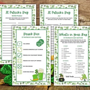 May include: Four printable St. Patrick's Day game cards with green shamrock borders. The games include a word puzzle, A-Z, Drunk Dice, and What's in Your Bag.