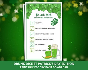 Juego de dados borrachos del Día de San Patricio, Juego de fiesta de dados borrachos, Juego de beber del Día de San Patricio, Juego de fiesta divertido de San Patricio, Juego de beber para adultos