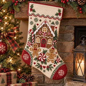 Puede incluir: Un calcetín navideño de punto de aguja en color beige con una casa de jengibre, dos figuras de jengibre, bastones de caramelo y caramelos de menta. El diseño incluye detalles de acebo rojo y verde, copos de nieve blancos y corazones rojos.