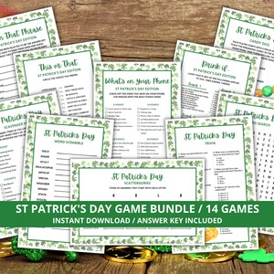 May include: A printable St. Patrick's Day game bundle with 14 different games. The games include a word scramble, scavenger hunt, trivia, and more. The games are decorated with shamrocks and green.