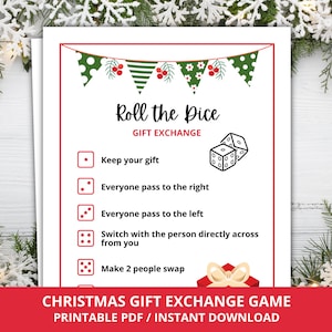 Kerstcadeau-uitwisselingsspel, dobbelstenen-cadeau-uitwisselingsspel, geef het cadeau door, Kerstcadeau-uitwisseling-dobbelspel, afdrukbaar kerstfeestspel