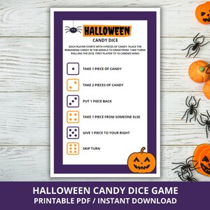Halloween Candy Dice Game, Halloween Pass The Candy Game, Halloween Party Games for Kids, Candy Dice Game, Halloween Printable