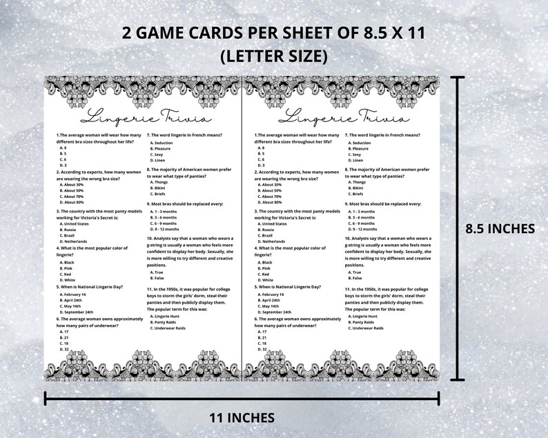 Lingerie Trivia Game, Bachelorette Party Game, Lingerie Shower Game ...