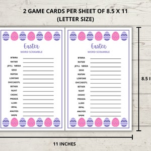 May include: Two printable Easter word scramble game cards featuring a purple and pink egg design. Each card has 12 lines for players to unscramble the words. The cards are 8.5 inches by 11 inches.