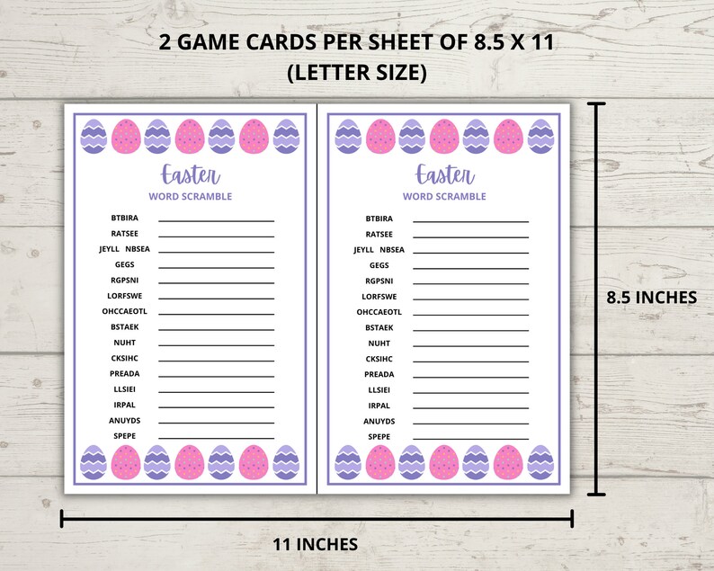 May include: Two printable Easter word scramble game cards featuring a purple and pink egg design. Each card has 12 lines for players to unscramble the words. The cards are 8.5 inches by 11 inches.