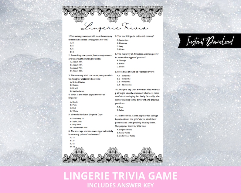 Lingerie Trivia Game, Bachelorette Party Game, Lingerie Shower Game ...