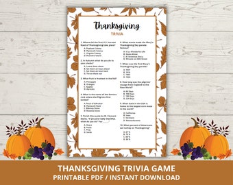 May include: A printable Thanksgiving trivia game with questions about the holiday. The game features a brown and orange autumn leaf design with a pumpkin and grapes at the bottom.