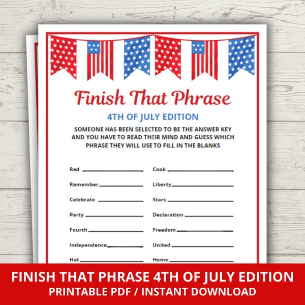 4th of July Finish That Phrase, Independence Day Finish The Phrase Game, 4th of July Printable Games, Kids Independence Day Activity