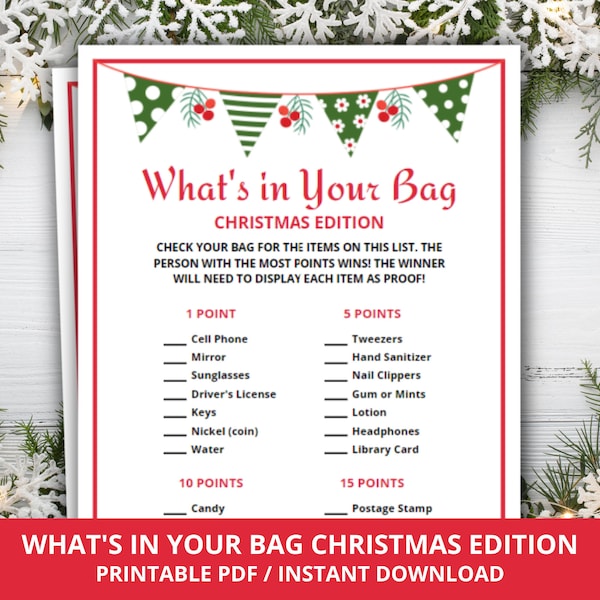 Christmas What's In Your Bag, Winter What's In Your Bag Game, What's In Your Purse Christmas Edition, Christmas Game, Holiday Party Game