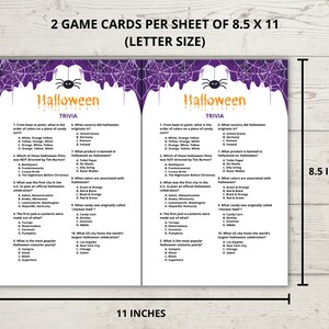 May include: Two printable Halloween trivia game cards with a spider web design and purple background. The cards are 8.5 inches by 11 inches and feature trivia questions about Halloween traditions and history.