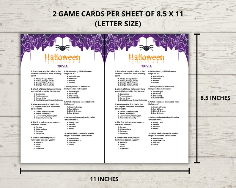May include: Two printable Halloween trivia game cards with a spider web design and purple background. The cards are 8.5 inches by 11 inches and feature trivia questions about Halloween traditions and history.