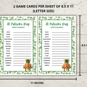 May include: Two printable St. Patrick's Day word scramble game cards featuring a leprechaun illustration. Each card is 8.5 inches by 11 inches.