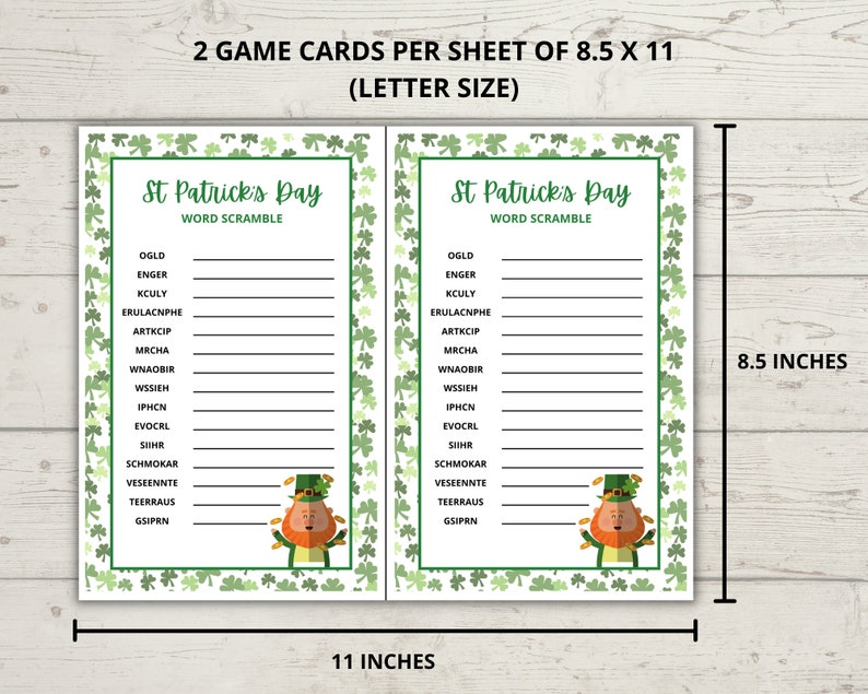 May include: Two printable St. Patrick's Day word scramble game cards featuring a leprechaun illustration. Each card is 8.5 inches by 11 inches.