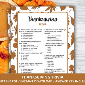 May include: A printable Thanksgiving trivia game with a white background and brown fall leaves. The trivia questions are about the history of Thanksgiving, including the first harvest feast, the Macy's Thanksgiving Day Parade, and the Pilgrims' voyage to the New World.