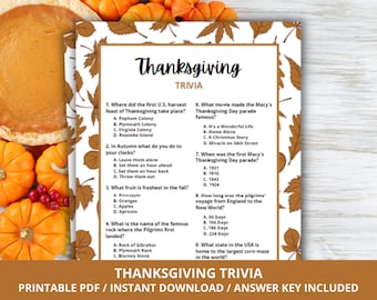 May include: A printable Thanksgiving trivia game with a white background and brown fall leaves. The trivia questions are about the history of Thanksgiving, including the first harvest feast, the Macy's Thanksgiving Day Parade, and the Pilgrims' voyage to the New World.