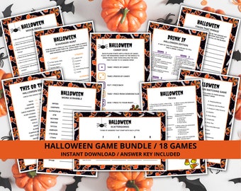 Op de afbeelding: Een set van 18 printbare Halloween-feestspellen met een zwart en oranje kleurenschema. De spellen omvatten een verscheidenheid aan thema's zoals filmquiz, speurtocht, snoepdobbelstenen, woordpuzzel, trivia en meer. De spellen zijn perfect voor een Halloween-feest of bijeenkomst.