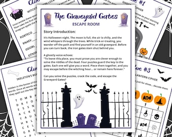May include: A Halloween-themed escape room game with various clues and puzzles. The central card reads "The Graveyard Gates" with a spooky graveyard scene. Includes clues, riddles, and a story introduction for an immersive experience.