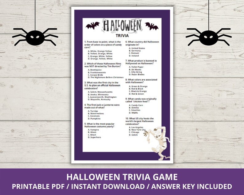 May include: A printable Halloween trivia game with a purple background and a black spider illustration. The game includes 10 trivia questions about Halloween traditions, history, and popular culture. The answer key is included.