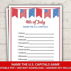 Name the US Capitals Game, 4th of July Party Games, 4th of July Game, Fourth of July Game, Independence Day Games, Fun Patriotic Game