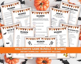 Op de afbeelding: Een set van 18 printbare Halloween-feestspellen. De spellen omvatten een verscheidenheid aan thema's, zoals filmquizzen, speurtochten, woordzoekpuzzels en matching-spellen. De spellen zijn ontworpen om met vrienden en familie te spelen en zullen zeker wat griezelige plezier toevoegen aan je Halloween-feest.