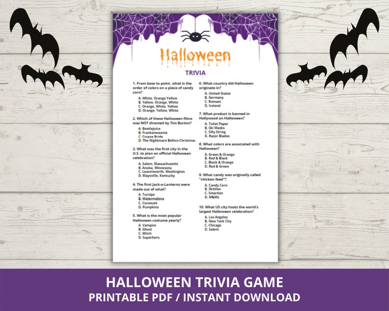 May include: A printable Halloween trivia game with 10 questions and multiple choice answers. The game is decorated with a purple background, spiderwebs, and bats.