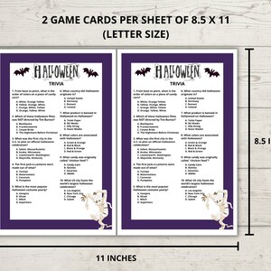May include: Two printable Halloween trivia game cards with a purple background and black bats. The cards are 8.5 inches by 11 inches and feature questions about Halloween traditions, history, and popular culture. The cards are decorated with a mummy and a cat.