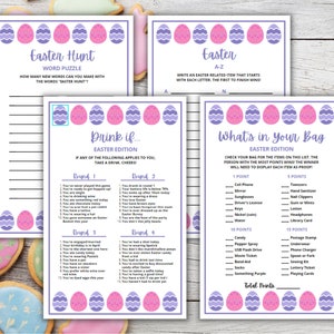 May include: Four printable Easter game cards with a pink and purple egg border. The games include: Easter Hunt Word Puzzle, Easter A-Z, Drink If... Easter Edition, and What's in Your Bag Easter Edition.