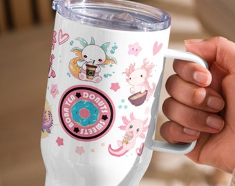Axolotl Travel mug with a handle, Cute Axolotl Gift, Funny Pink Axolotl Cup, Gift for Her, Him, Aquarium, Animal, Mom, Dad