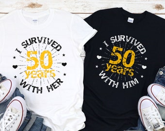 50th anniversary gifts for parents: I survived 50 years with him her anniversary gifts for couples, Presents for grandparents