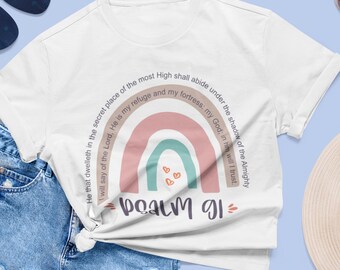 Rainbow Psalm 91 God Protection Verse Tshirt for Mom, Christian shirt For Her, Faith Based Women Shirt, Christian Bible Verse Gift